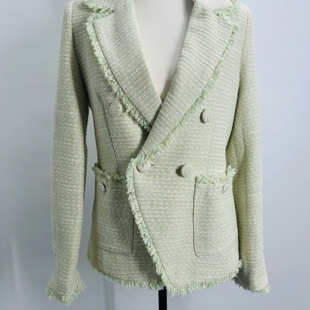 Women's Fringed Tweed Jacket - green pistachio